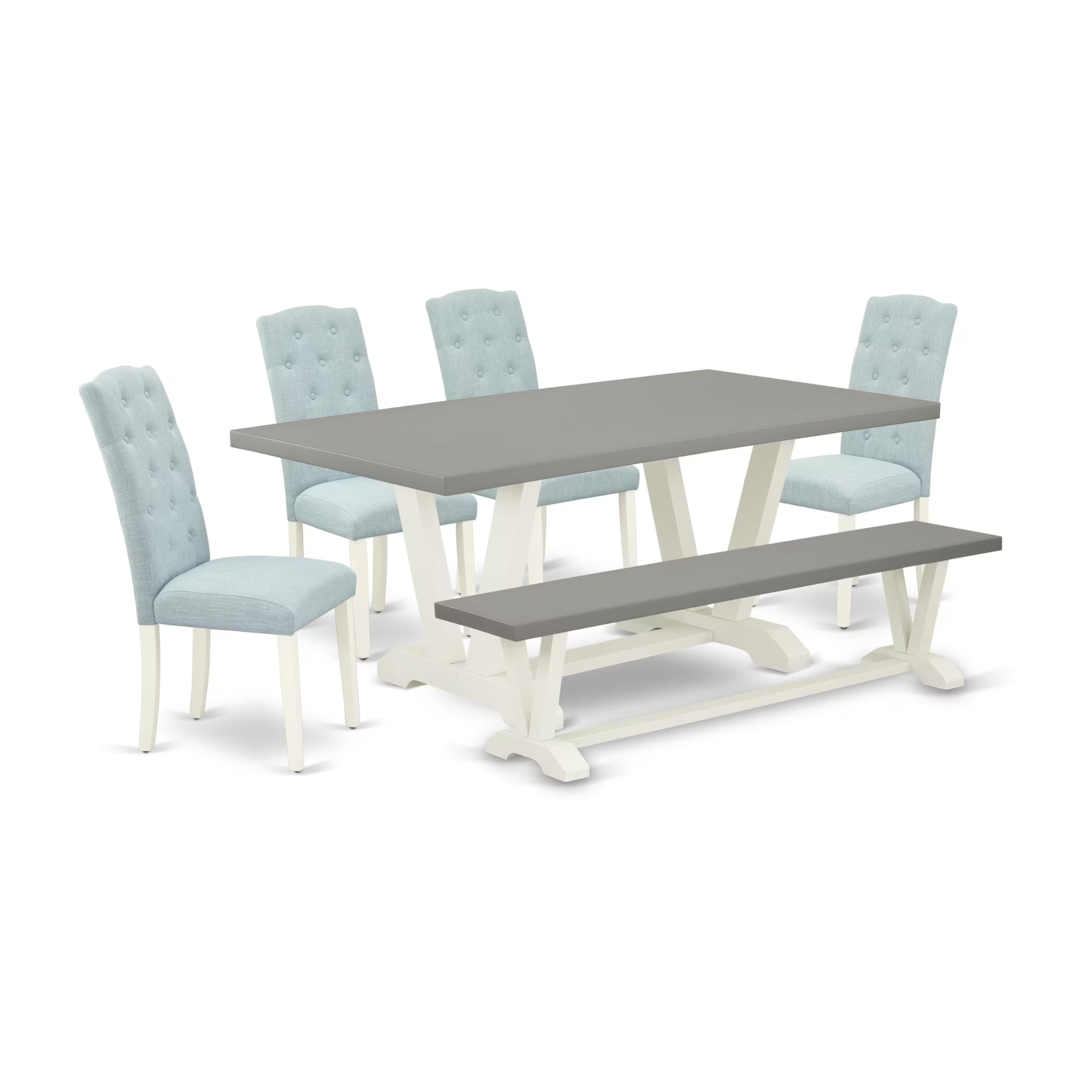 East West Furniture V-Style 6 Piece Set Contains A Rectangle Dining Room Table With V-Legs And 4 Baby Blue Linen Fabric Upholstered Chairs With A Bench, 40X72 Inch, V097Ce215-6